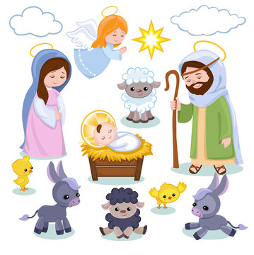 Set of Christmas scene elements. Cartoon nativity holy family.