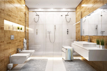 Large shower in modern bathroom - obrazy, fototapety, plakaty