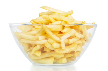 Fries in glass bowl close up isolated on white