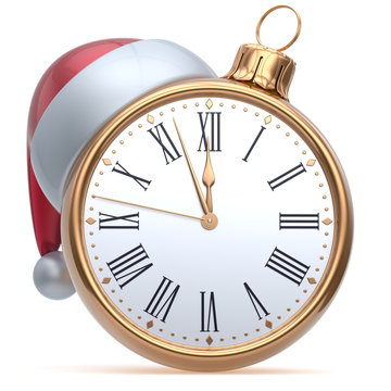 New Year's Eve time midnight hour Christmas ball alarm clock countdown Santa hat decoration bauble ornament golden. Traditional wintertime happy holidays beginning future symbol adornment. 3d render