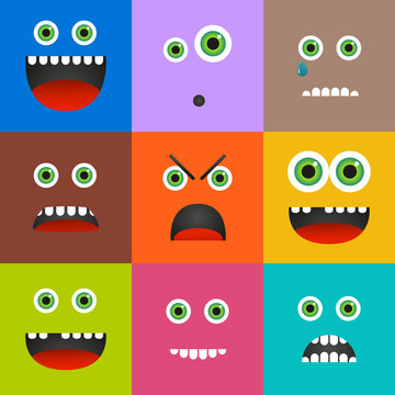 Set of 9 different emoticons in square shape