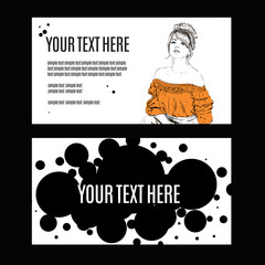 Beautiful retro woman, vector. Copy space. In little black dress with a sun glasses.