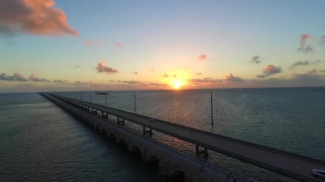 Sunrise aerial at Seven Mile Bridge in Florida Keys
