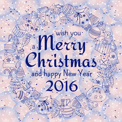 Christmas greeting card with text wish you a Merry Christmas and wreath with many winter doodles. Santa, snowmen, fir, socks, gifts, bows, snowflakes, hollies, mittens. Bubble smoke background.