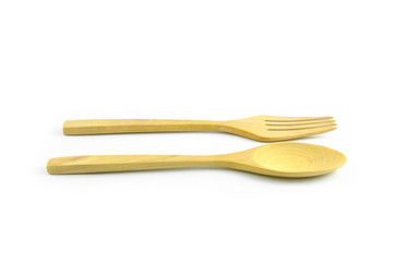 wood fork and spoon isolated in white background