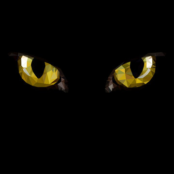 Amber cat eyes in darkness. Style triangulation