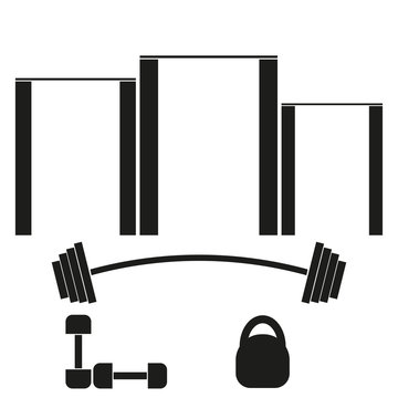 Sports banner with horizontal bars, barbells, dumbbells and weights