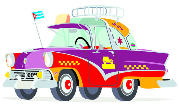 Caricatura Ford Crown Victoria 1955 taxi Cuba rojo y violeta vista frontal y lateral