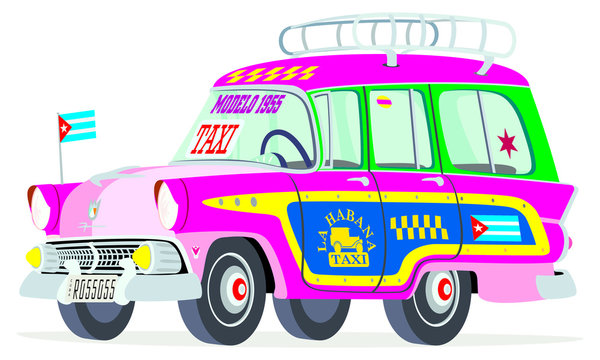 Caricatura Ford Country Squire 1955 taxi Cuba rosa vista frontal y lateral