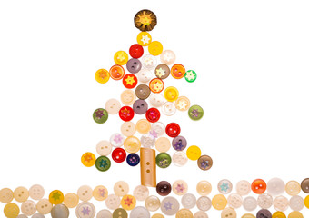 Christmas Tree From Different Colored Buttons And Decorated With Shiny Asterisks On A White Background.