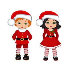 Boy and Girl with Christmas Costume. Vector cartoon illustration.
