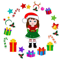 Girl with Christmas Costume and round frame. Vector cartoon illustration.