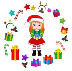 Girl with Christmas Costume and round frame. Vector cartoon illustration.
