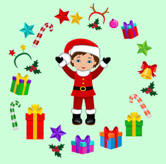 Boy with Christmas Costume and round frame. Vector cartoon illustration.