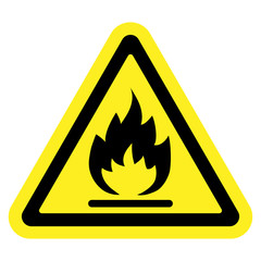 Fire warning sign in yellow triangle, isolated on white background. Flammable, inflammable substances icon. Hazard icon. Vector illustration - 97958402