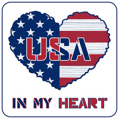 American flag as heart shaped symbol. Patriotic Typography Graphics. Mans T-shirt Printing Design. Fashion Print for sportswear apparel. Grunge and military style. Vector illustration