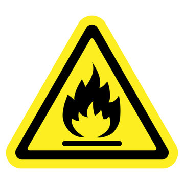 Fire warning sign in yellow triangle, isolated on white background. Flammable, inflammable substances icon. Hazard icon. Vector illustration