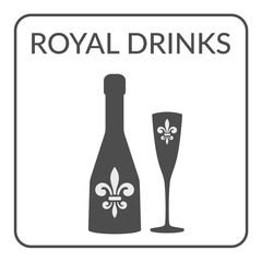 Wine menu design. Premium wine list on white background. Logo for cafe, coffee shop, restaurant, winery. Icon with a bottle and wineglass. Service Concept. Royal fleur de lis. Vector illustration