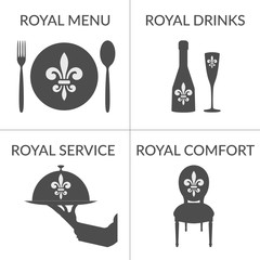 HoReCa business stylized symbols logotype set. Logo Design template for cafe, coffee shop, restaurant, hotel, winery isolated on white. Service Concept. Royal fleur de lis emblem. Vector illustration