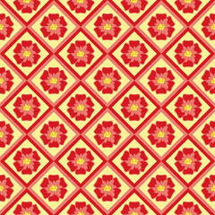 Floral seamless pattern ornament. Fashion modern graphics style. Texture style for prints, textiles, wrapping, wallpaper, website etc. Red Volume flowers on yellow background. Vector illustration