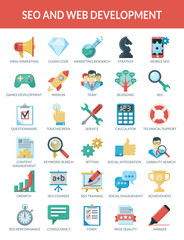 SEO and WEB development icons.  Use a set of icons for the development of optimization to promote your website. High-quality vector. Everything has been done to the pixel grid