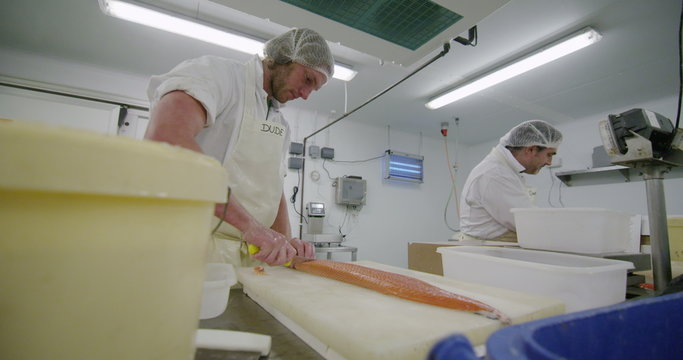 Fish workers at a seafood processing plant