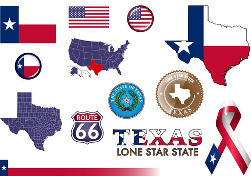 Texas Icon Set. 
Set of vector graphic images representing symbols and landmarks of the US state of Texas.