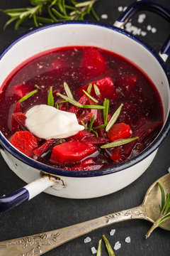 Ukrainian and Russian National vegetable soup - red borsch in pot