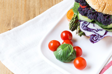 Vegan burger with fresh vegetables