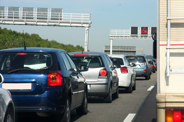 cars in traffic jam on highway, in Germany - 97962876