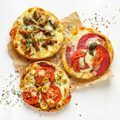 Toasted sandwiches with a variety of toppings on a white background