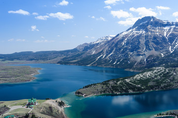 aerial view of Prince of Wales Hotel and lake, Alberta, Canada