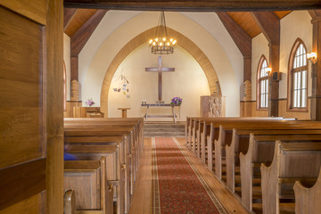 CHURCH, FRUTILLAR-NOV 16, 2015: located in southern Chile in the Los Lagos Region. The bay of...