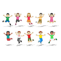 Fototapeta na wymiar Set Of Ten Happy Kids with jump position Vector Illustration