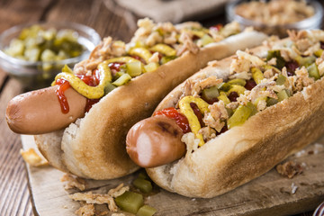 Homemade Hot Dog with onions and sauces