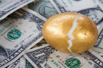 Cracked golden egg on dollars