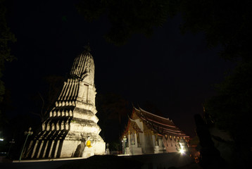 Night scene of Pagoda in Wat Kasattrathirat Worawihan,Ayutthaya Histopical Park.