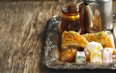 Turkish sweets. (Baklawa, mixed Lokum, Grape Molasses with walnu