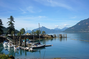 Fototapeta na wymiar British Columbia, Pacific coast inlet with small boats
