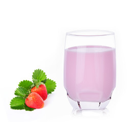 Strawberry milk in glass on white background
