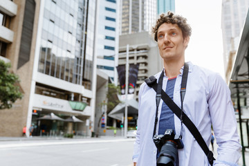 Male tourist in city