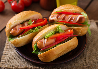 Hot dog - sandwich with pickles, paprika and lettuce on wooden background