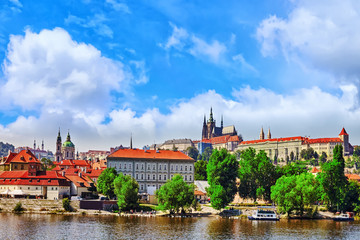 View of Prague Castle from waterfront  Vltava river in Prague.Cz