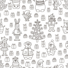 Christmas pattern. Vector pattern with doodle animals and gifts. Cute winter background. Fox, bear, rabbit, cat, hedgehog, squirrel and snowman.