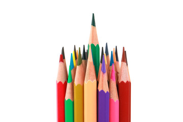 Mixed arranged of colours wooden pencils on white background