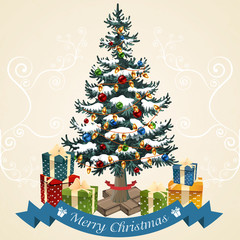 Fototapeta premium Christmas tree with balls, garland and gifts . Christmas card vector illustration.