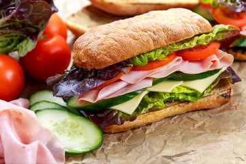 Grilled Sandwich with lettuce, slices of fresh tomatoes, cucumber, red onion, salami, ham and cheese.