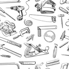 Vector seamless pattern with hand drawn common tools used by carpenters