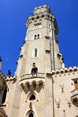 Fototapeta na wymiar Tower of the Hluboká Castle in Hluboká nad Vltavou, Czech Republic