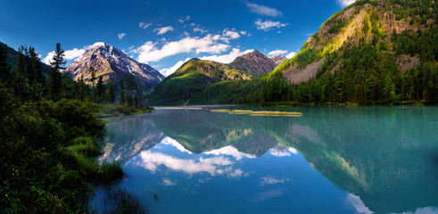 Panorama of beautiful lake in mountain valley